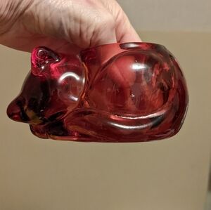Vintage Indiana Glass red/Rose Sleeping Kitty candle holder.